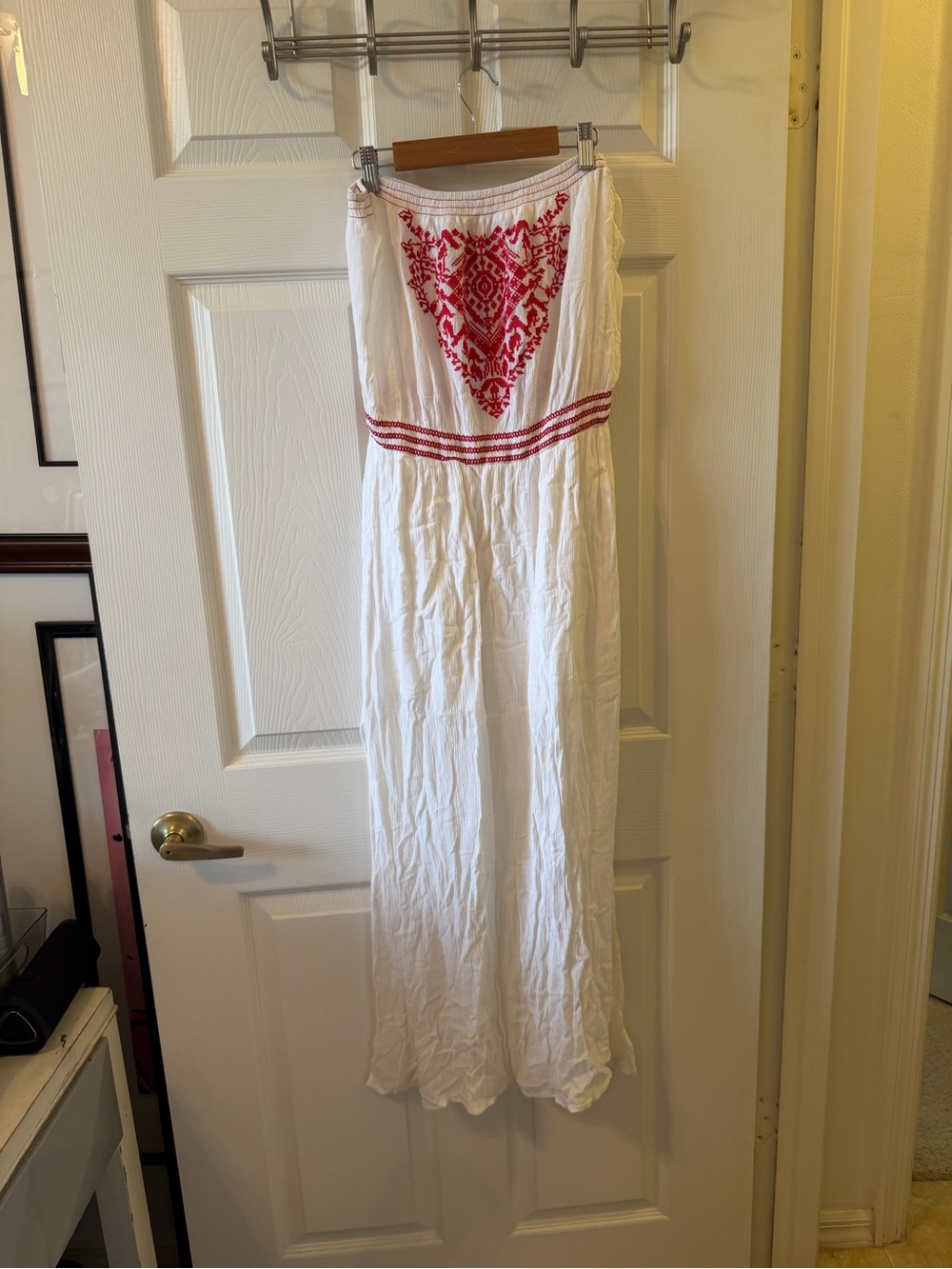 En Creme White Strapless Maxi with Red Embroidered Detail